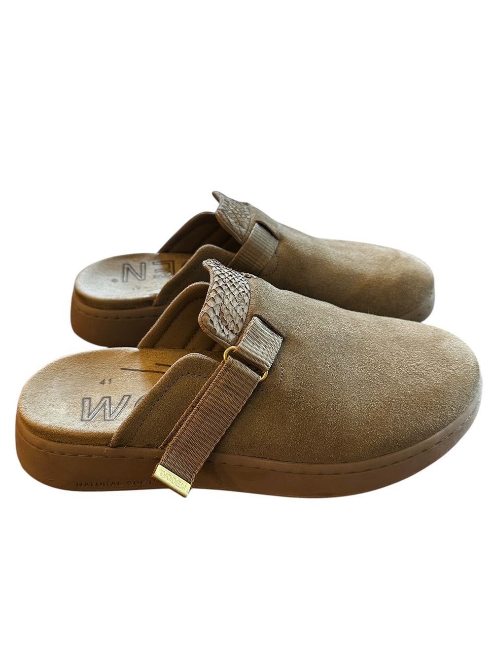 WODEN Women’s Suede Comfort Clog Mules Taupe EU 41 US 9 Adjustable Strap
